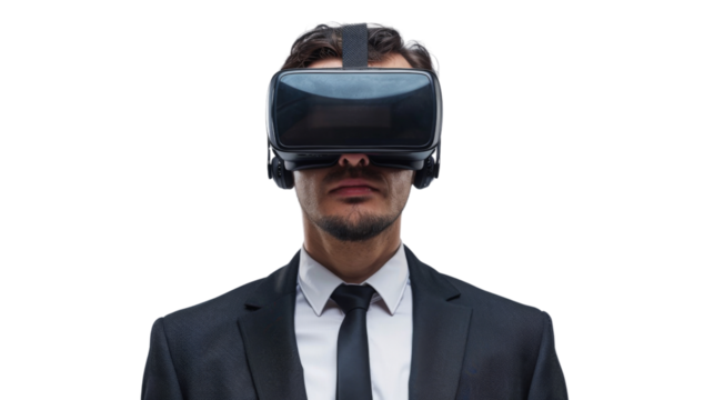 Businessman wearing virtual glasses on transparent background