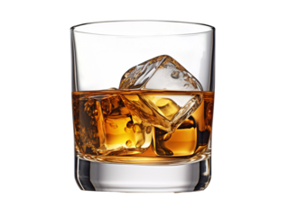 a glass with ice and amber liquid