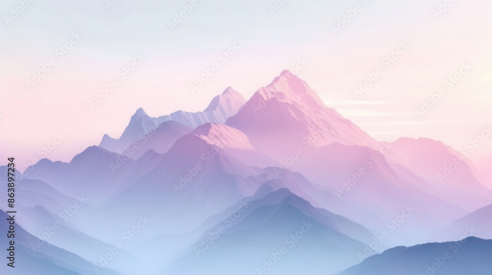 Poster a breathtaking view of a mountain range bathed in the soft light of dawn. the sky is filled with del