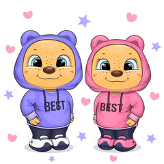 Fototapeta premium Cute cartoon bear couple in sweatshirts. Vector illustration of animals on a white background with hearts.