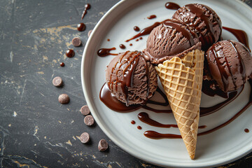 ice cream in a cone and balls on a white plate with chocolate sauce