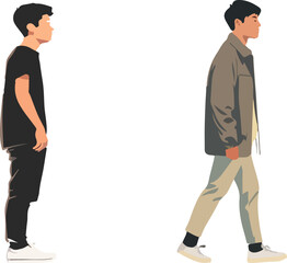 Two men are walking on opposite sides of a street
