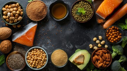 Assortment of healthy superfoods. A diverse collection of nutritious superfoods arranged on a dark background