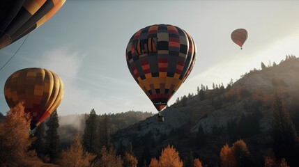 Obraz premium Colored balloons fly in the clouds in the sun over the mountains, hills. AI generated.
