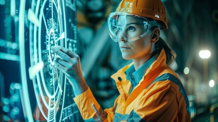 Photo of neon blue geometric circles on a dark background. Spherical mysterious portal Mockup for your logo smoke of the future Mockup for your logo Indian female engineer working with