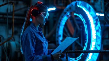 Photo of neon blue geometric circles on a dark background. Spherical mysterious portal Mockup for your logo smoke of the future Mockup for your logo Indian female engineer working with 