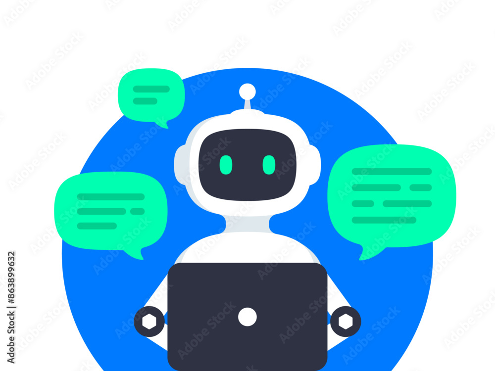 Poster chatbot concept. online communication with chat bot. bot answers customer questions behind a laptop.