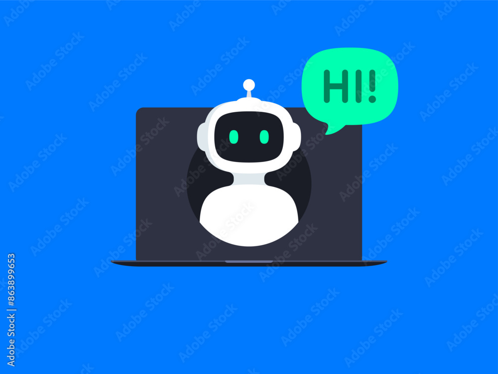 Poster chatbot concept. online communication with chat bot. bot say hi through the laptop screen. ai robot 