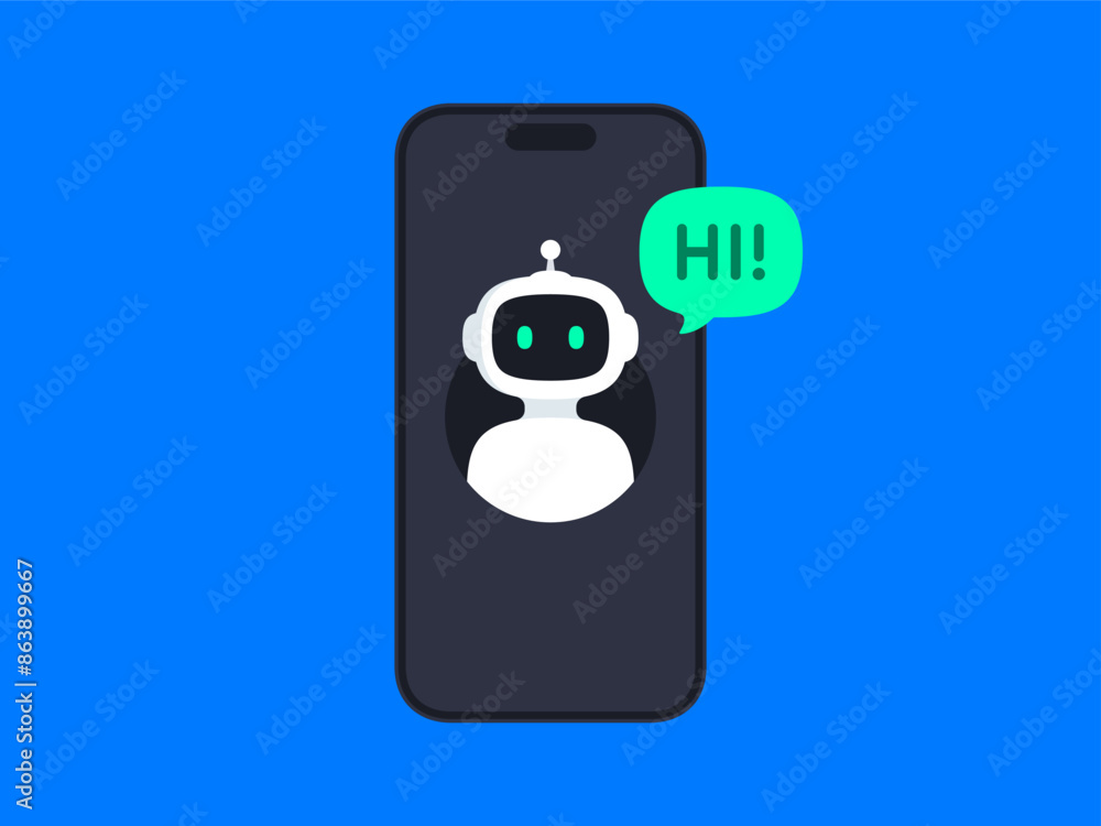 Poster chatbot concept. online communication with chat bot. bot say hi through the smartphone screen. ai ro