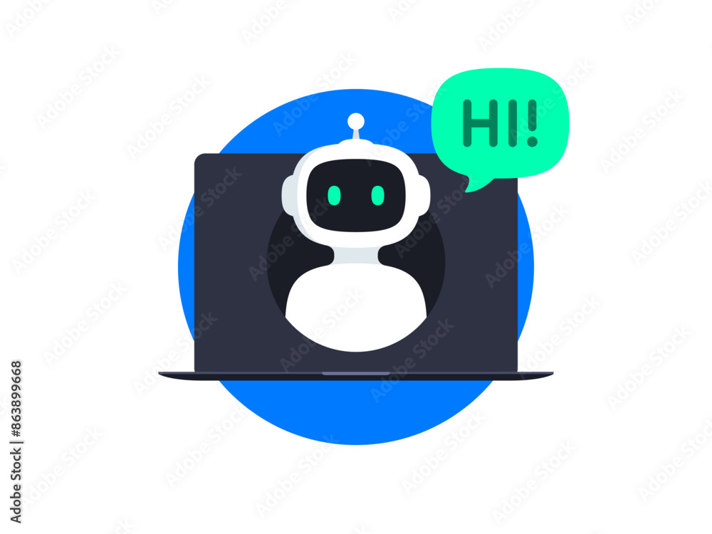 Poster chatbot icon design. bot say hi through the laptop screen. online communication with chat bot. ai ro