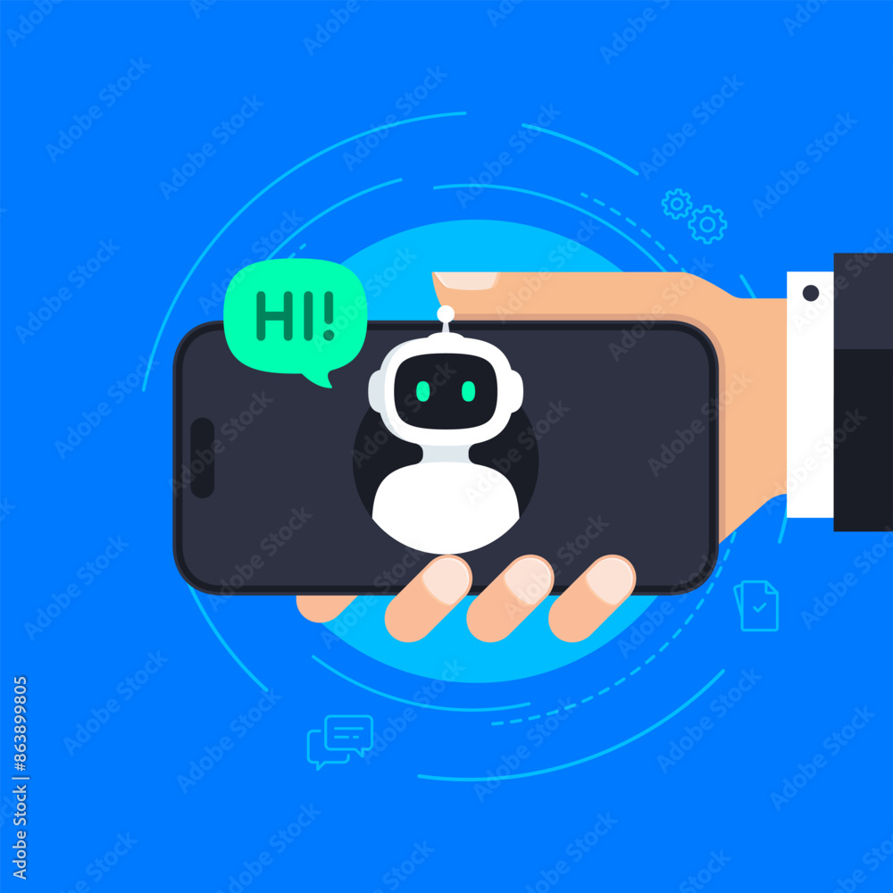 Poster chatbot concept. hand holding smartphone with bot that say hi through the phone screen. online commu