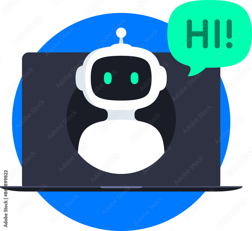 Poster chatbot icon design. bot say hi through the laptop screen. online communication with chat bot. ai ro