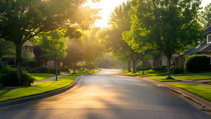 Empty treelined natural park street in morning light