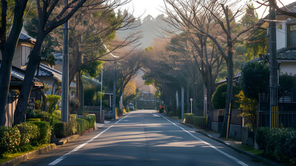 Empty treelined Japanese city view street in morning light