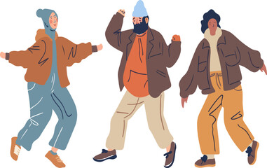 Three people are dancing in the snow