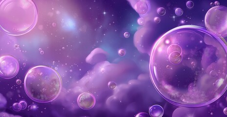 Fantasy wallpaper with a dreamy background featuring cute purple planets and glowing bubbles floating in space.