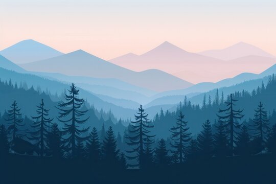 The Blue Ridge Mountains at dawn, with peaks bathed in sunlight, under a sky of soft pastel hues, creating a serene scene. Generative AI - Powered by Adobe
