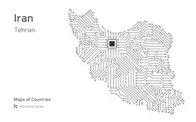 White vector map of Iran created from a microchip pattern, with the capital Tehran depicted as a microchip