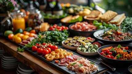 Obraz premium An abundant buffet spread featuring a diverse selection of gourmet foods including fresh vegetables, assorted meats and cheeses, grilled dishes, and artisan breads.