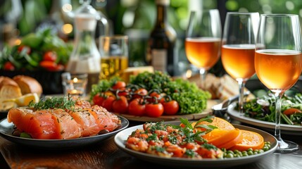 Fototapeta premium A sumptuous gourmet dinner spread featuring herb-garnished salmon, fresh salads, ripe tomatoes, crusty bread, and glasses of rosé wine elegantly presented on a well-set table