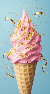 A chic pink ice cream cone with golld swirls and pearl-like sprinkles, against a clear blue background, epitomizing elegance.