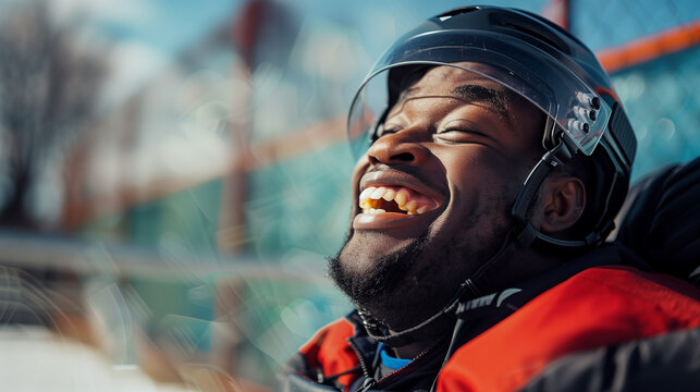 Candid African American black male hockey player smiling and laughing outside in wheelchair. Sport disabled people. Diversity and inclusion for minorities. Paralympics.