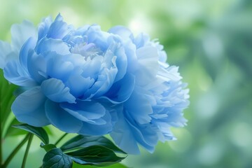 Fototapeta premium A single vibrant blue peony with lush green leaves, set against a softly blurred green background
