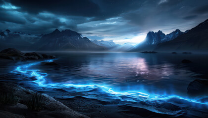 Fototapeta premium Experience the Magical Glow of Bioluminescent Bay at Night A Natural Wonder Captured in Stunning Images to Fuel Your Imagination and Evoke an Unforgettable Sense of Awe and Wonder