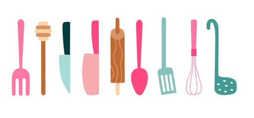 Colorful sets of silhouette kitchen tools. icon for cooking and dinning, flat illustration isolated on white background 