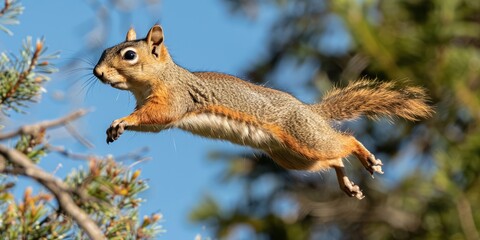 Flying Squirrel Soaring Through Scenic Forest Landscape Captured in Mid-air