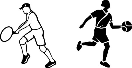 A man is playing tennis and another man is playing basketball