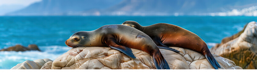 Fototapeta premium Sea Lions Sunbathing on Rocks Captivating Coastal Wildlife on a Sunny Day Discover Nature's Wonders with Stunning Images of Marine Mammals Enjoying the Sun in Beautiful Natural Settings