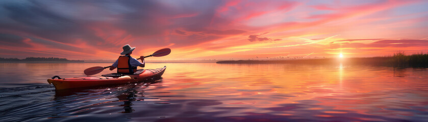 Naklejka premium Serene Coastal Adventure of a Kayaker Navigating Coastal Waters with Clear Skies, Outdoor Exploration, Scenic Seascape, Peaceful Journey, Adventure Enthusiast, Beautiful Horizon, Natural Beauty