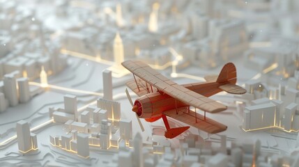 a wooden aeroplane stands on a paper map of the world