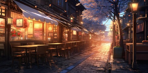 Evening Street Scene with Cherry Blossoms - Illustration