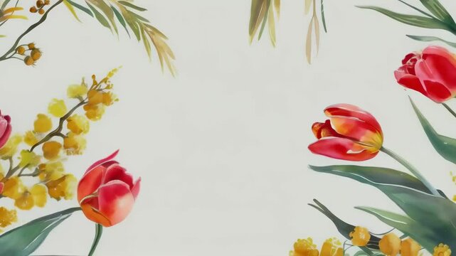 A vibrant watercolor illustration showcasing a floral border with blooming tulips, mimosa flowers, and various green leaves. The soft pastel colors create a calming and serene ambiance, perfect for