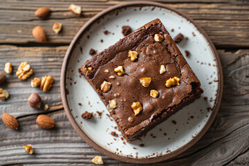 Top view of square chocolate brownie with nuts on a white plate over a wooden table