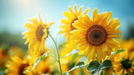 Obraz premium Sun-Kissed Sunflowers in a Dewy Morning Field Capturing Summer's Beauty