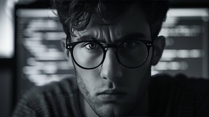 Stressed software engineer with glasses, code on laptop, symbolizing career challenges