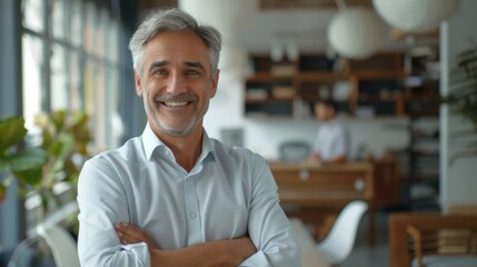 Fototapeta premium A man in a white shirt stands with his arms crossed, possibly awaiting or considering something