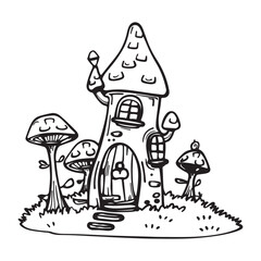 Cute fairy house design for coloring book, black vector illustration on white background