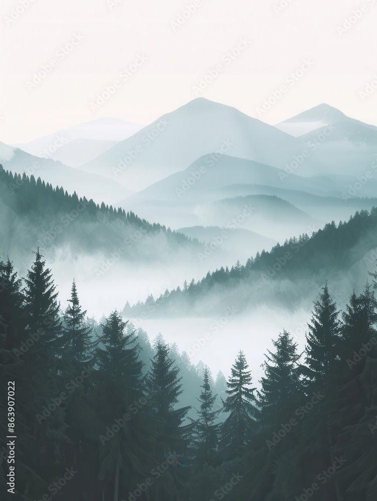 Poster a tranquil mountain landscape at dawn, with peaks illuminated by the first rays of the sun. the sky 