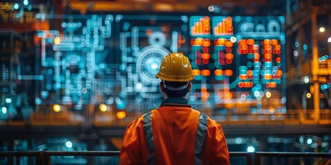 Fototapeta premium Engineer Overseeing Futuristic Control Panel Display in Manufacturing Facility