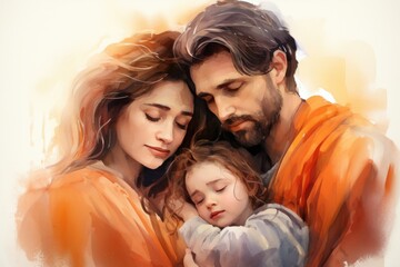 Divine Love: Watercolor Illustration of the Holy Family Embracing in Soft Hues