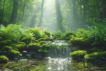 stream, waterfall and ferns in a green forest with sunlight