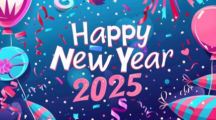 Obraz premium Bright and Colorful Happy New Year 2025 Celebration with Confetti, Streamers, and Balloons