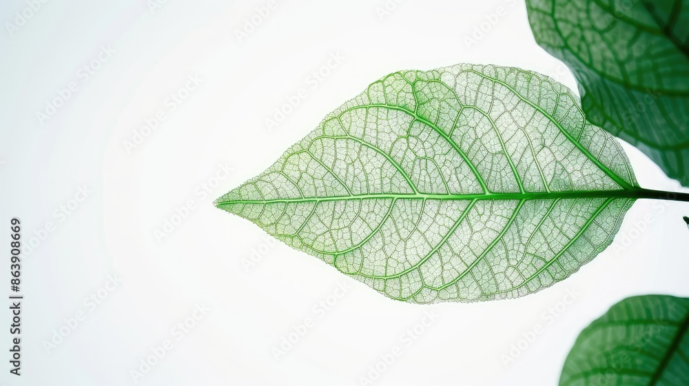 Sticker green leaf macro isolate on white background