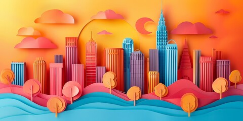 Fototapeta premium Colorful Sunset Over Vibrant Urban Paper Cut Skyline