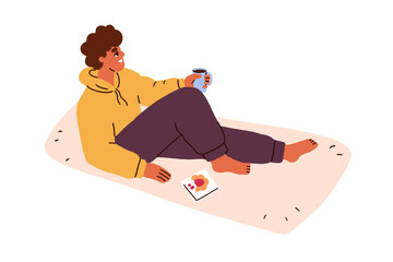 Man enjoying tea and biscuits. Happy guy relaxing with sweet cookies and coffee cup. Male chilling at home, eating and drinking at leisure. Flat vector illustration isolated on white background