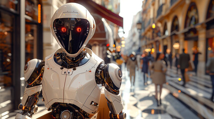 Fototapeta premium Portrait of a robot standing on the blurred crowded city street background.